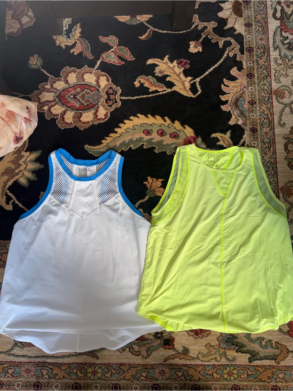 Lucky in Love Active Tanks - White with Blue Trim & Neon Yellow